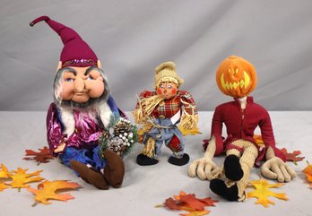 Vintage Plush Seated Christmas Elf, Plush Seated Scarecrow,  And Plush Pumpkin King Pumpkin King