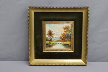 Vintage Gold & Black Double Panel Frame With Landscape Painting, Initialed BC