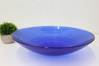 Cobalt Blue Ribbed Glass Shallow Wide Bowl