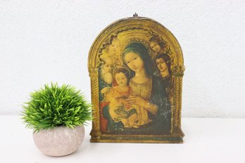 Vintage Florentine Late 1800s Madonna And Child Print On Wood