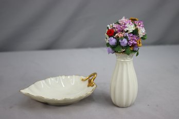 Group Lot Of Lenox American Porcelain - Leaf Dish And Vase With Synthetic Flowers