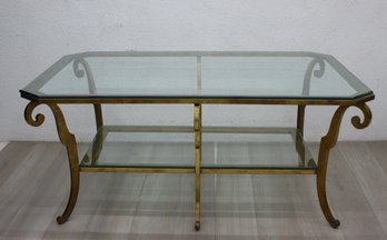 Fabulous & Substantial Neoclassical Style Brass-tone Glass Top Coffee Table