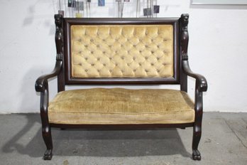 Vintage  Victorian Diamond Tufted Back Settee With Lion Figural Stile Posts