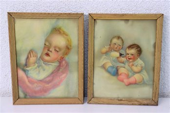 Pair Of Framed Antique Color Lithos - Babes Awake And Baby Asleep