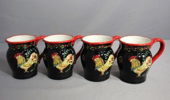 'Set Of 4 April Cornell Provence Roosters Black And Red Mugs'
