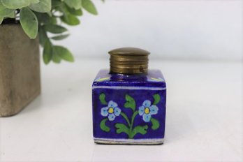 Vintage Ceramic Inkwell With Brass Lid