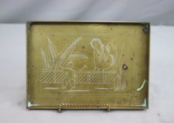 Vintage Chinese Brass Etched Pictorial Tray