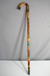 Hand-Painted Folk Art Walking Cane With Colorful Egyptian Motifs