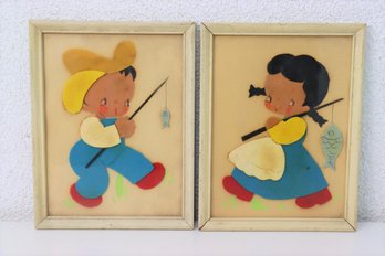 Pair Of 1940s Fishing Kids Felt Collage Art Nursery