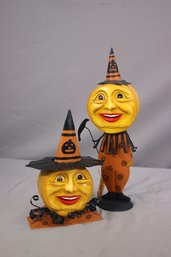 Two Bethany Lane Happy Scary Pumpkin Head Witch Hat Figurines