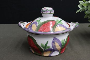 Contemporary Flower Painted Small Earthenware Lidded Crock