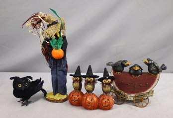 American Chestnut Folk Art 'Three's A Crowd' Watermelon Wagon And Pumpkins, Owl, And Scarecrow Figurines