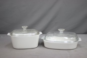 Two Varied Size Pyrex Glass Lidded Cookmates By Corning Oven/Range/Microwave Bakes