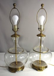 Pair Of Vintage Glass And Brass Table Lamps