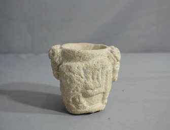 Vintage Sandstone Vessel With Bull Reliefs