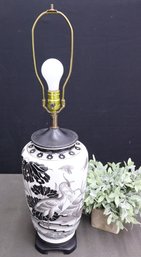 Black & White  Vintage Crane And Lotus Porcelain Ginger Jar Lamp On Dark Wood Base