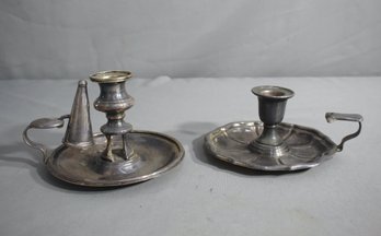 Two Vintage Silver Plated Chambersticks, One With Snuffer