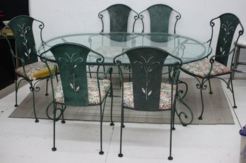 Vintage Oval Glass Top And Dark Verdigris Wrought Iron 7 Piece Dining Set - Table And 6 Chairs