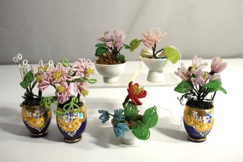 'Set Of 6 Vintage Beaded Flower Arrangements In Miniature Ceramic Vases'