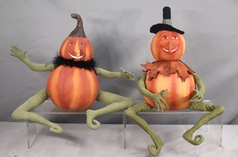 2 Vintage Halloween Pumpkin Soft Sculptures Tabletop Decoration