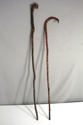 Antique Handcrafted Wooden Walking Sticks - Lot Of 2 Unique Styles