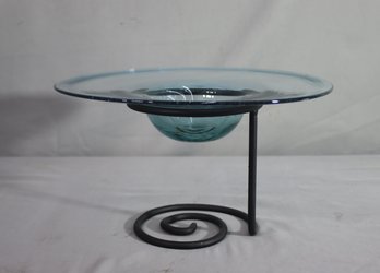 Hand-blown Glass Potpourri/Candle Holder In Coiled Wrought Iron Stand