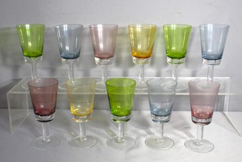 'Set Of 11 Colored Bubble Bottom Stemmed Double Old Fashioned Glasses Goblets'