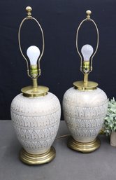 Two Hollywood Regency Daisy And Beehive Pattern Matte Porcelain Temple Jar Lamps On Brass-tone Metal Base