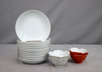 12 White Shallow Bowls/Coupe Dishes And 4 Small Petal Bowls