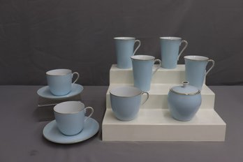 Group Lot Of Robin's Egg Blue Noritake Porcelain Cups, Mugs, And Creamer/Sugar Set