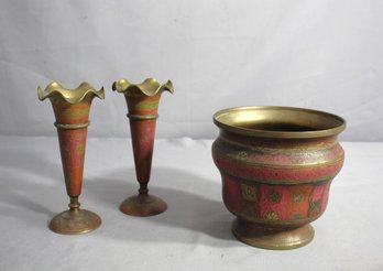Vintage Brass Vase And Planters Ensemble