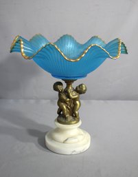 Seraphic Brass Cherubs & Blue Glass And Marble Compote