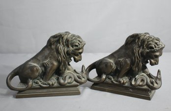 Pair Of Lion Wrestling With Serpent Bookends