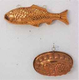 Two Copper & Tin-Lined Culinary Molds - Fish  AND Grapes And Flower With Hooks For Wall Decor/storage