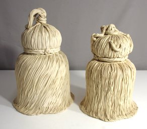 Set Of 2 Unique Ceramic Lidded Containers  Tassels Textured Signed By  Artist