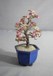 Vintage Chinese Jade Glass Bonsai Tree With Asian Pink Flowers In Ceramic Celadon Pot