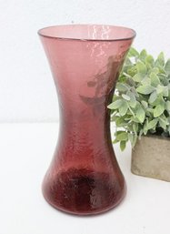 Large Vintage Cranberry Rose Hue Crackle Glass Hourglass Vase