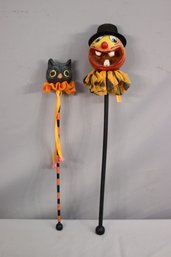 Spooky Black Cat And Pumpkin Head On A Stick Halloween Decorations