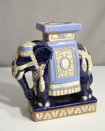 Vintage Ceramic Elephant Figurine With Decorative Motif  Blue & Ivory Accent