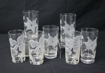 Set Of 7 Satin-etched Floral Highball Glasses - 4 Lilly And 3 Other Flower