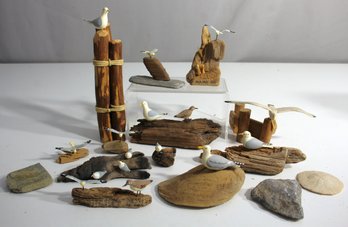 Collection Of Ceramic Seagull On Pier Sculpture- Wood & Stone