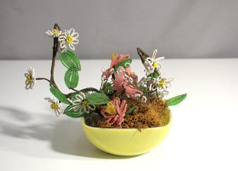 Handcrafted Beaded Floral Arrangement In Yellow Ceramic Bowl