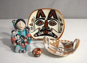 'Signed Native American Pottery And Art Collection  Acoma NM, Jemez, And Raven Mask Art'