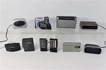 Group Lot Of Digital Clocks And Clock Radios, AM/FM Radio, Walkman, Mini Cassette Recorders