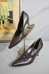 Salvatore Ferragamo Brown Leather Heel Pumps 7.5B Pointy Toe Dress Shoes
