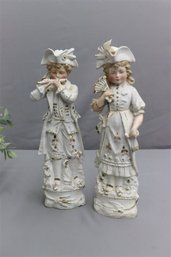 Pair Of Antique Carl Schneider Bisque Porcelain Figurines - Fife Player And Fan Girl 10556
