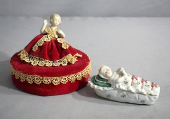 Vintage Doll With Velvet And Lace Detail And Porcelain Swaddling Baby As Trinket Box
