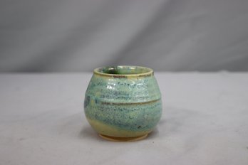 Vintage Blue Green Over Sepia Artisan Stoneware Small Vessel