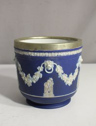 Antique Wedgwood Blue Jasperware Planter With Metal Rim  Age Crack Visible