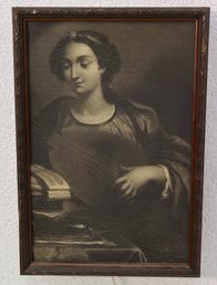 Vintage Carved Wooden Frame With Wood Cut Saint Cecilia Engraving By L. Stocks After Domenicof Woman Playing